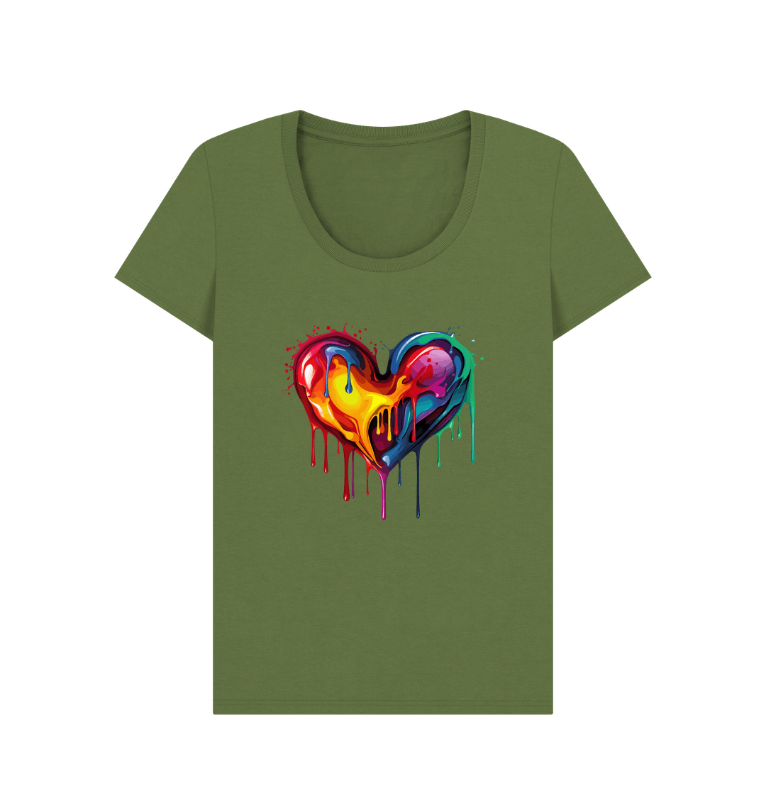 Green t-shirt with colorful dripping heart design