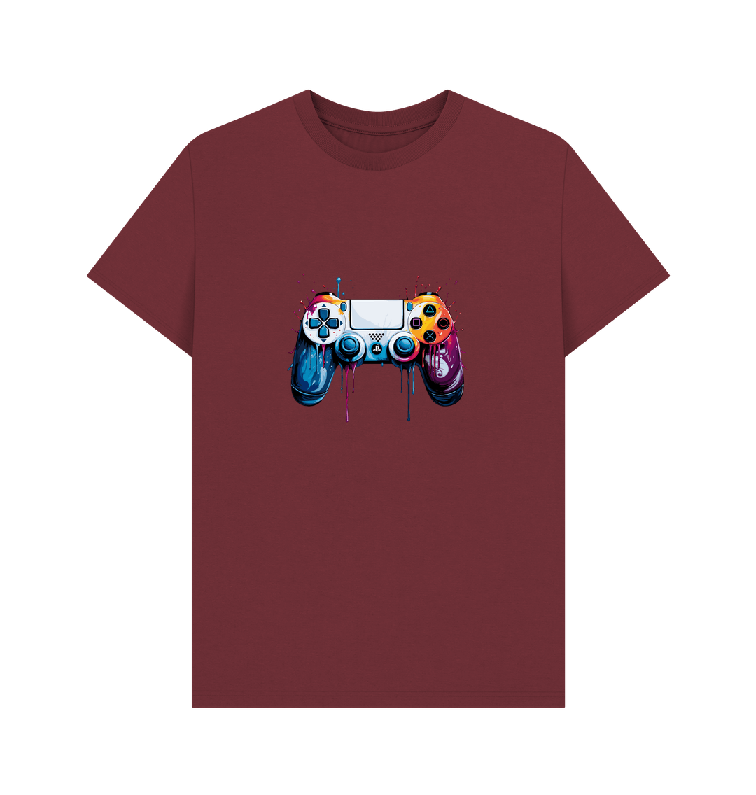 Maroon t-shirt with colorful game controller graphic