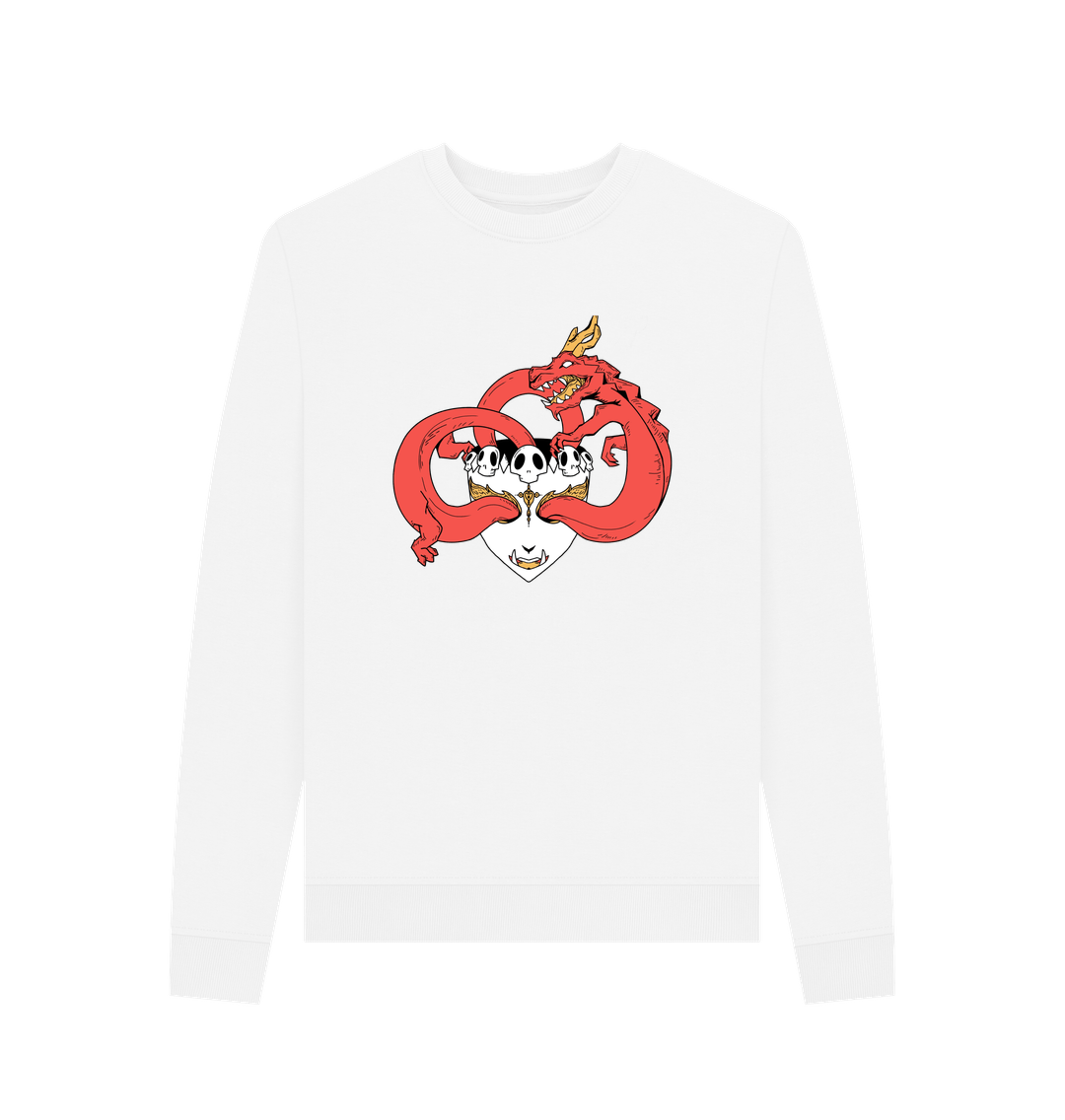 White sweatshirt with red dragon and skull design