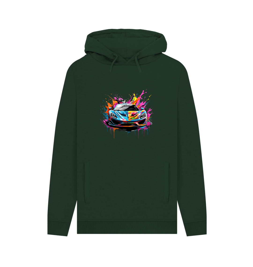 Green hoodie with colorful car graphic