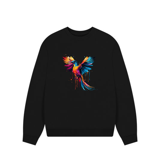 Black sweatshirt with colorful bird design