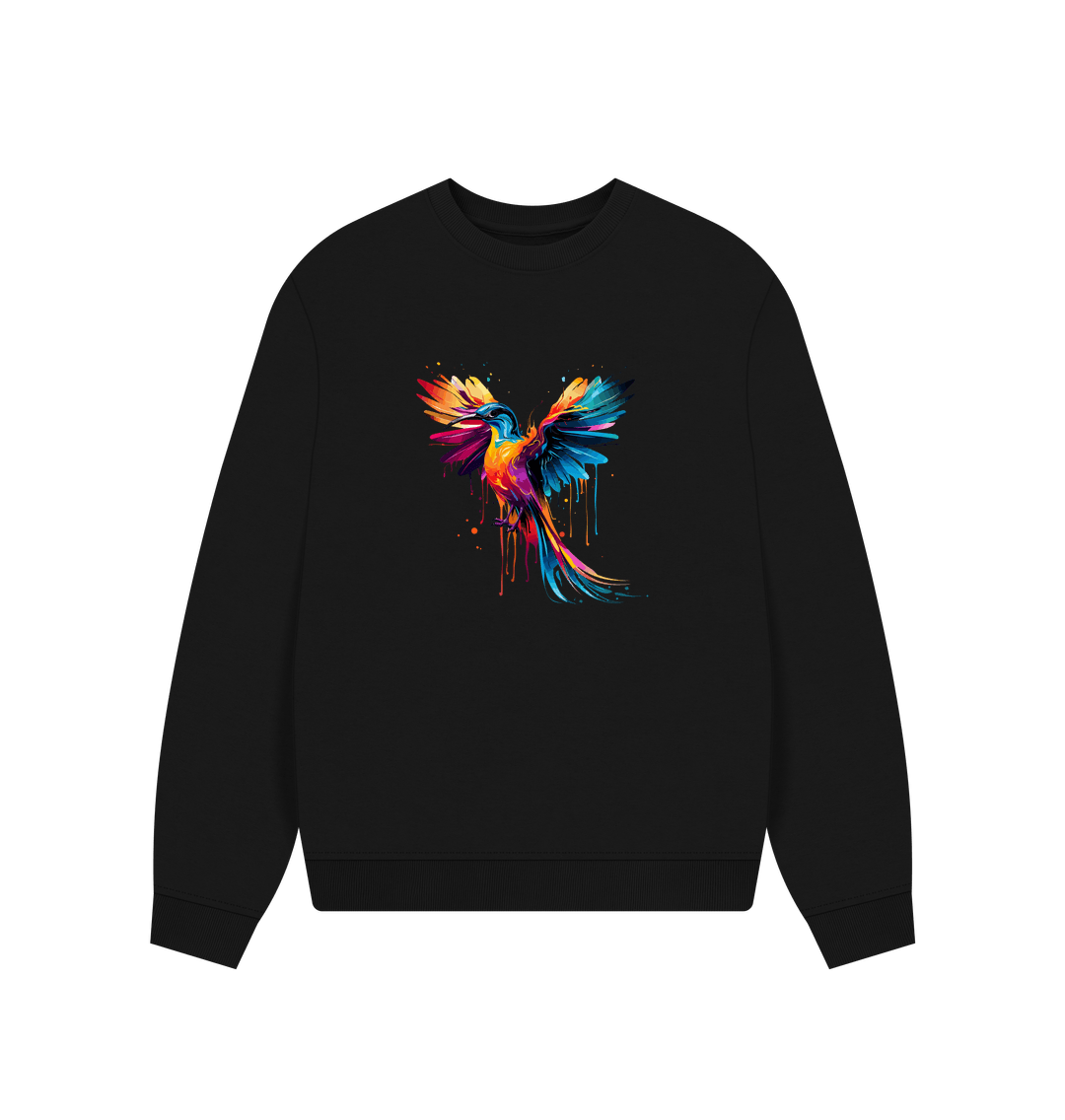 Black sweatshirt with colorful bird design