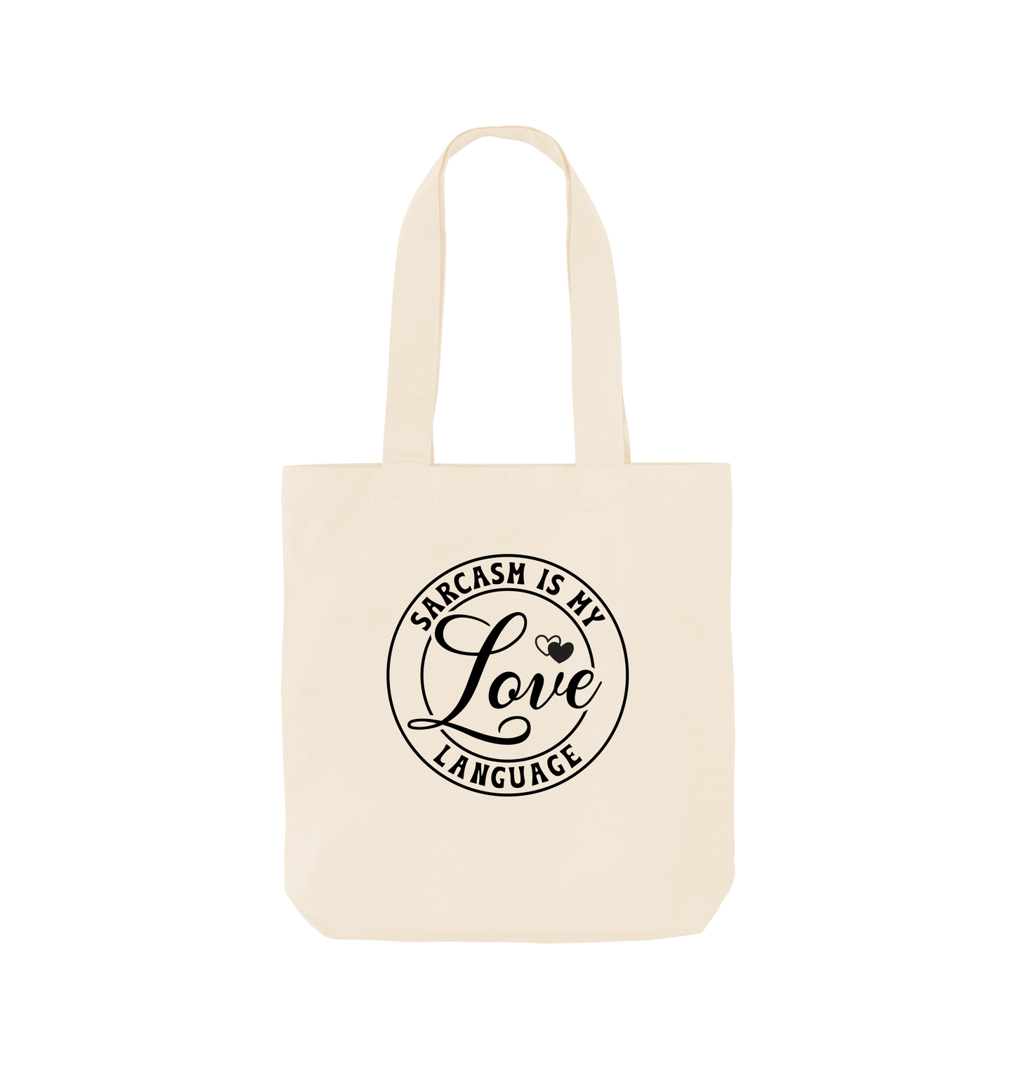 White tote bag with "SARCASM IS MY LOVE LANGUAGE" text