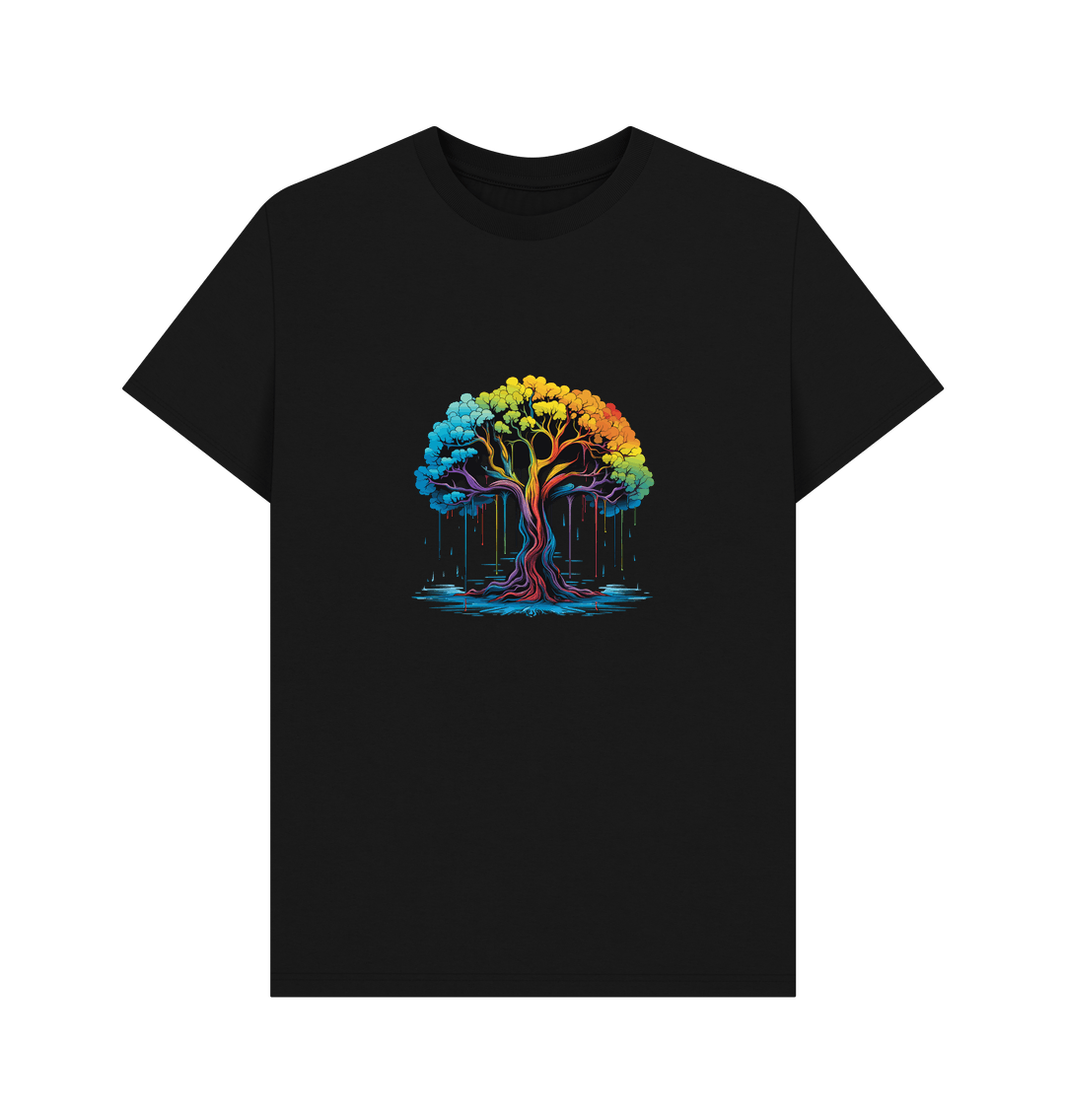Black t-shirt with colorful dripping tree design