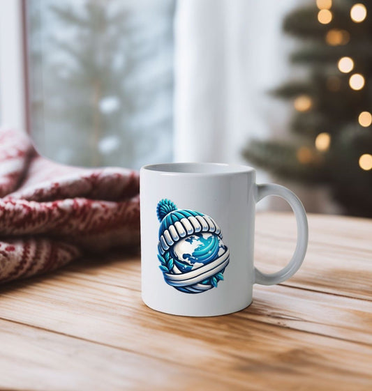 White ceramic mug with blue globe design