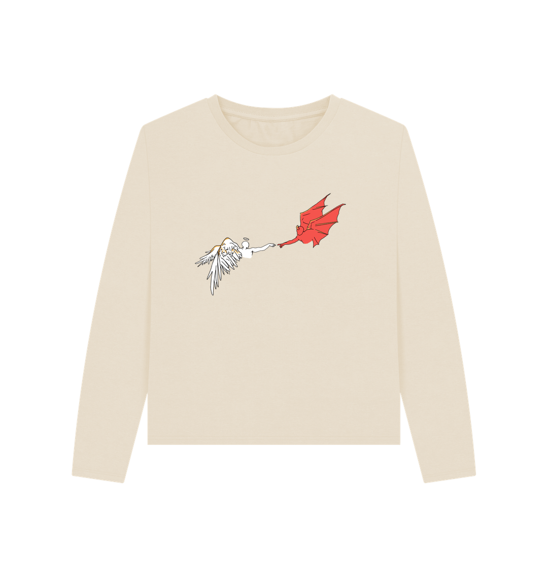Cream long-sleeved shirt with angel and devil illustration