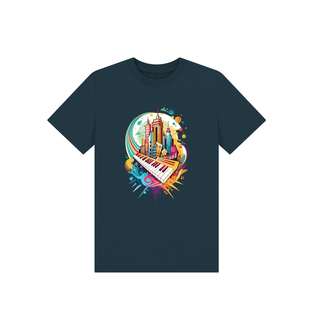 Dark blue t-shirt with colorful cityscape and piano graphic