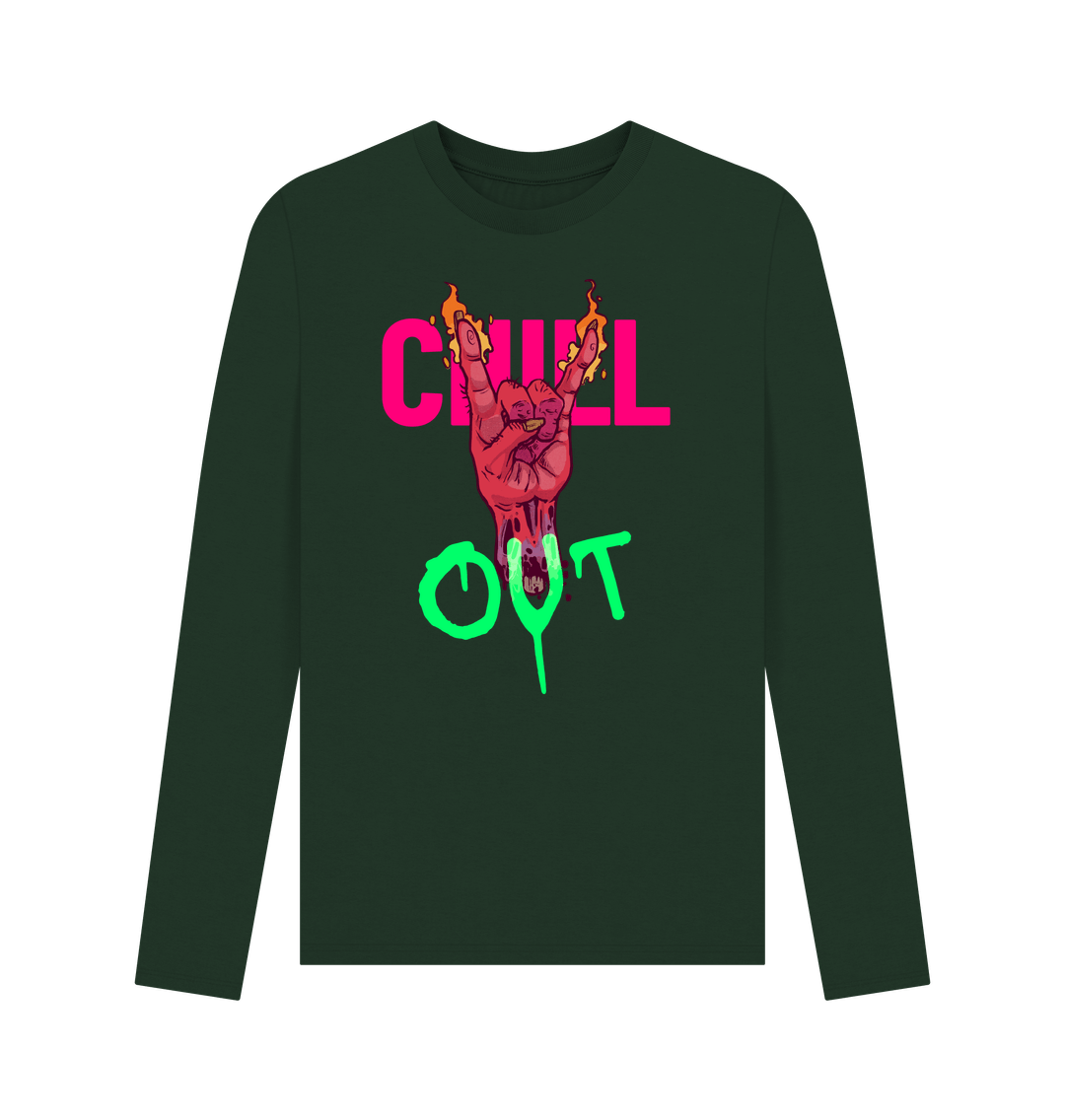 Green long-sleeved t-shirt with "CHILL OUT" text and flaming hand graphic
