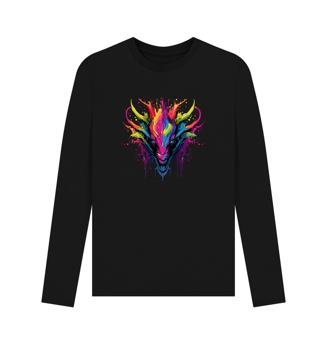 Black long-sleeved t-shirt with colorful dragon design