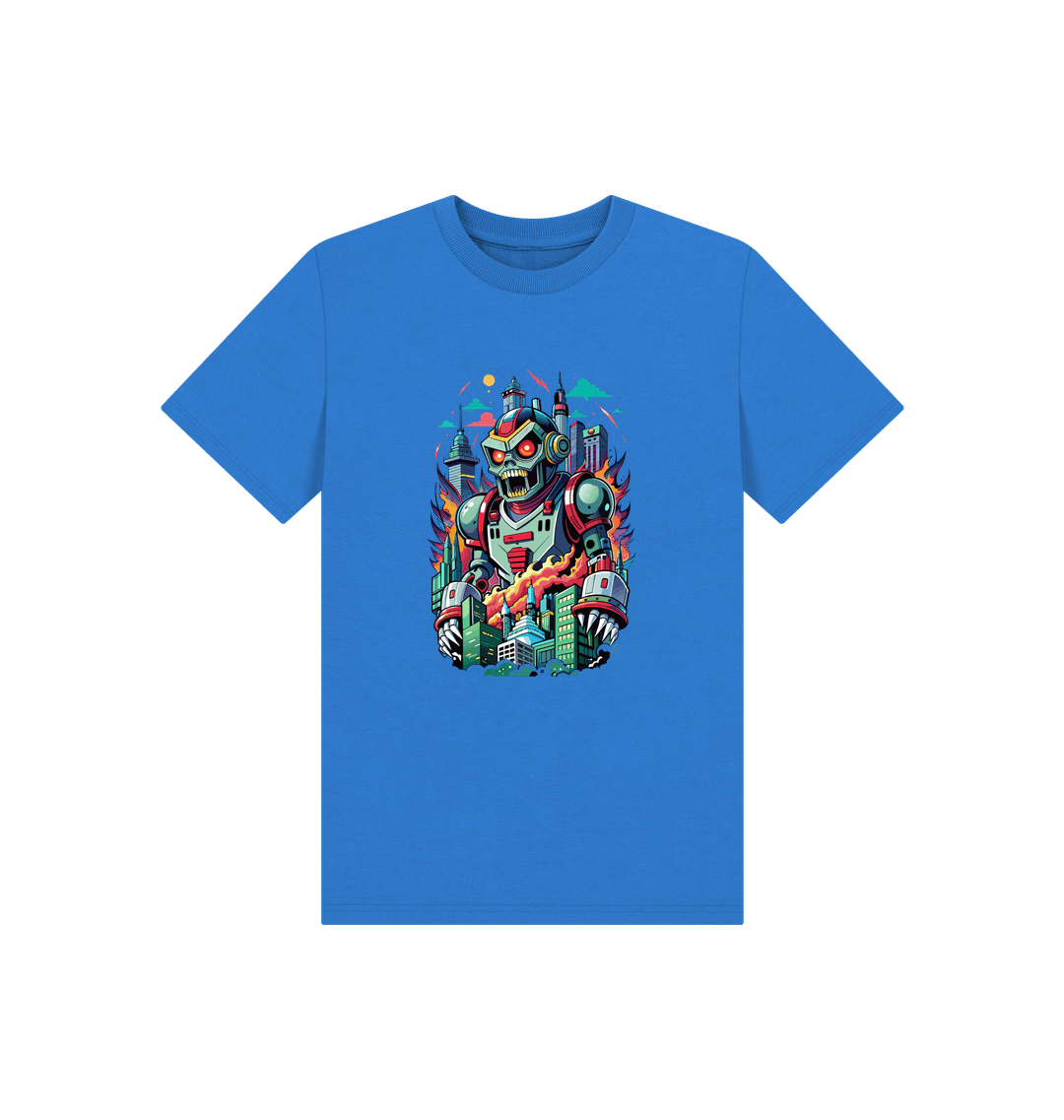 Blue t-shirt with robot and cityscape design