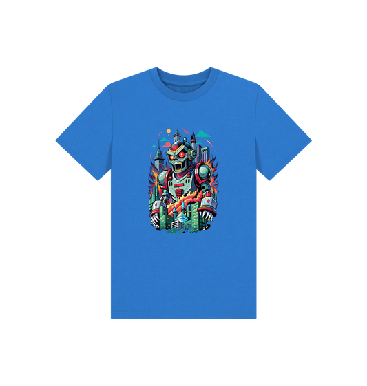 Blue t-shirt with robot and cityscape design