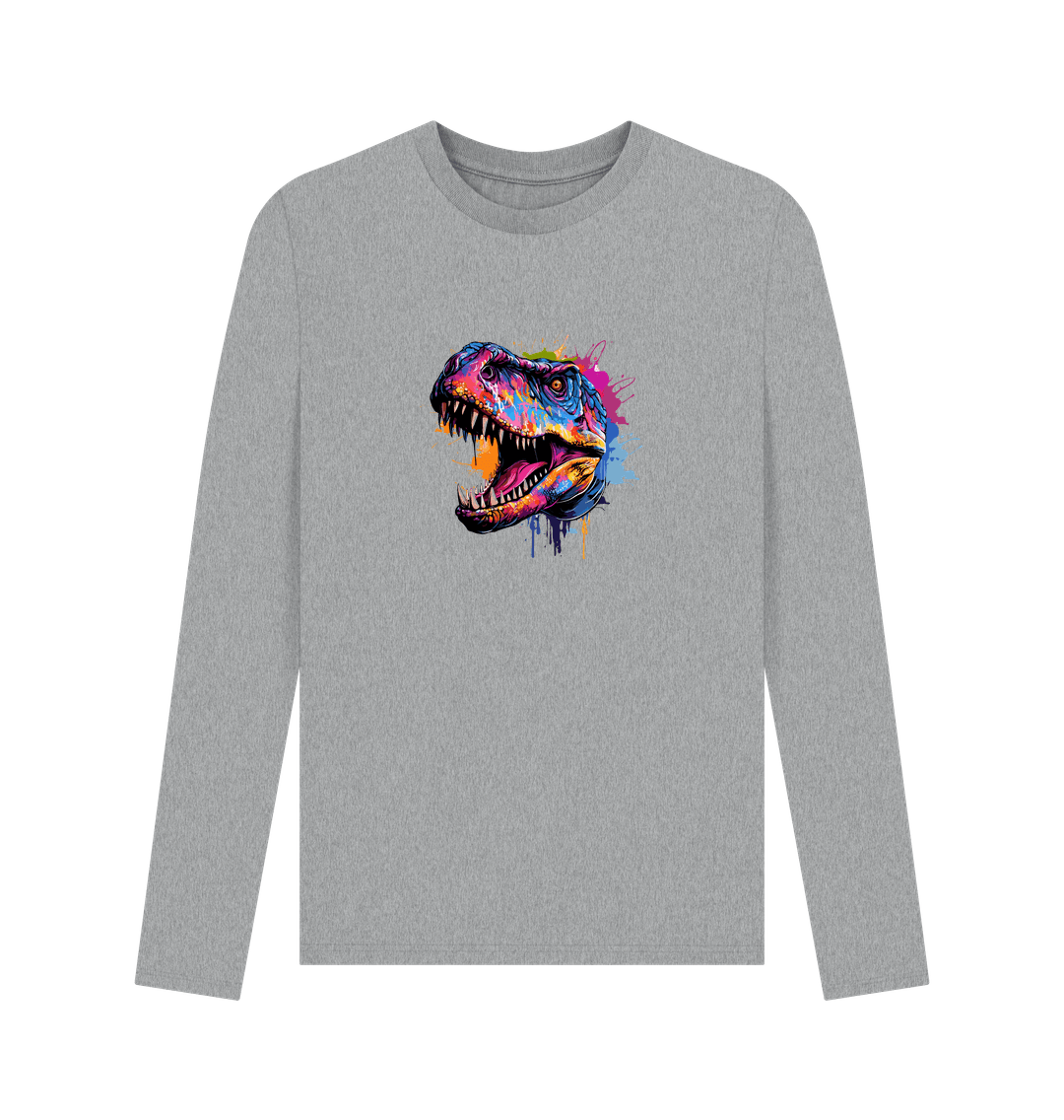 Gray long-sleeved t-shirt with colorful dinosaur graphic