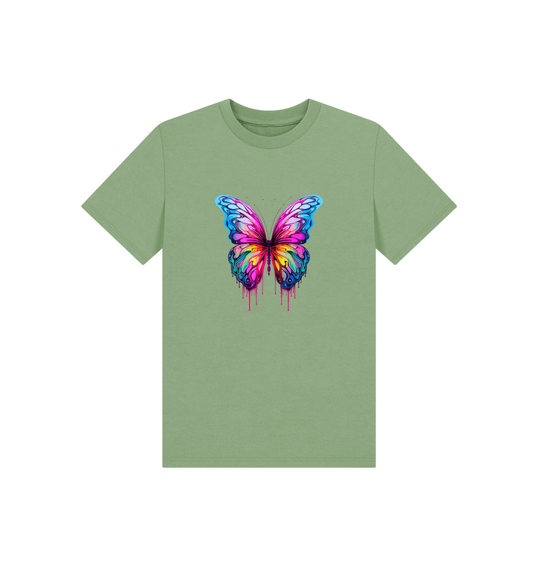 Green t-shirt with colorful butterfly design