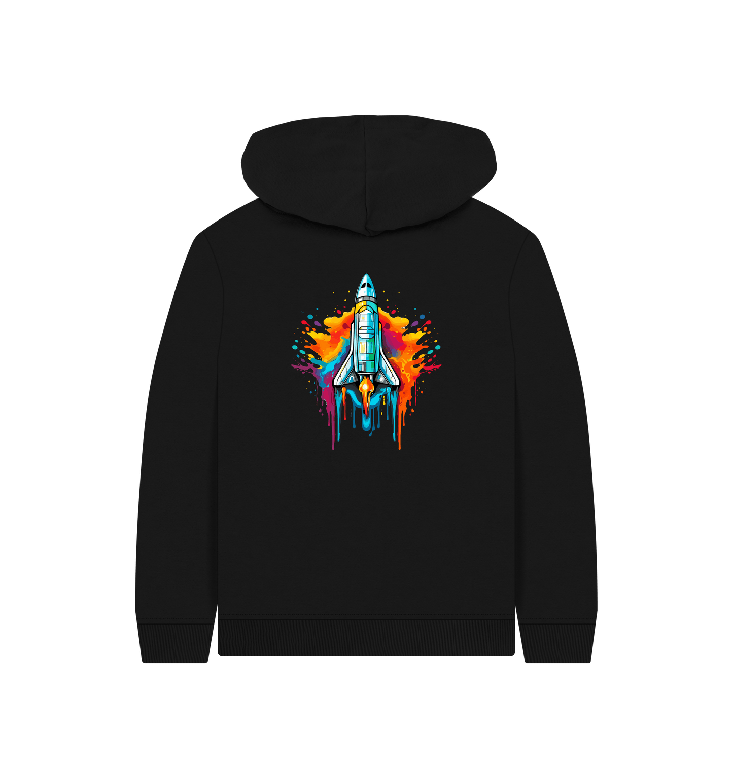 Black hoodie with colorful rocket graphic
