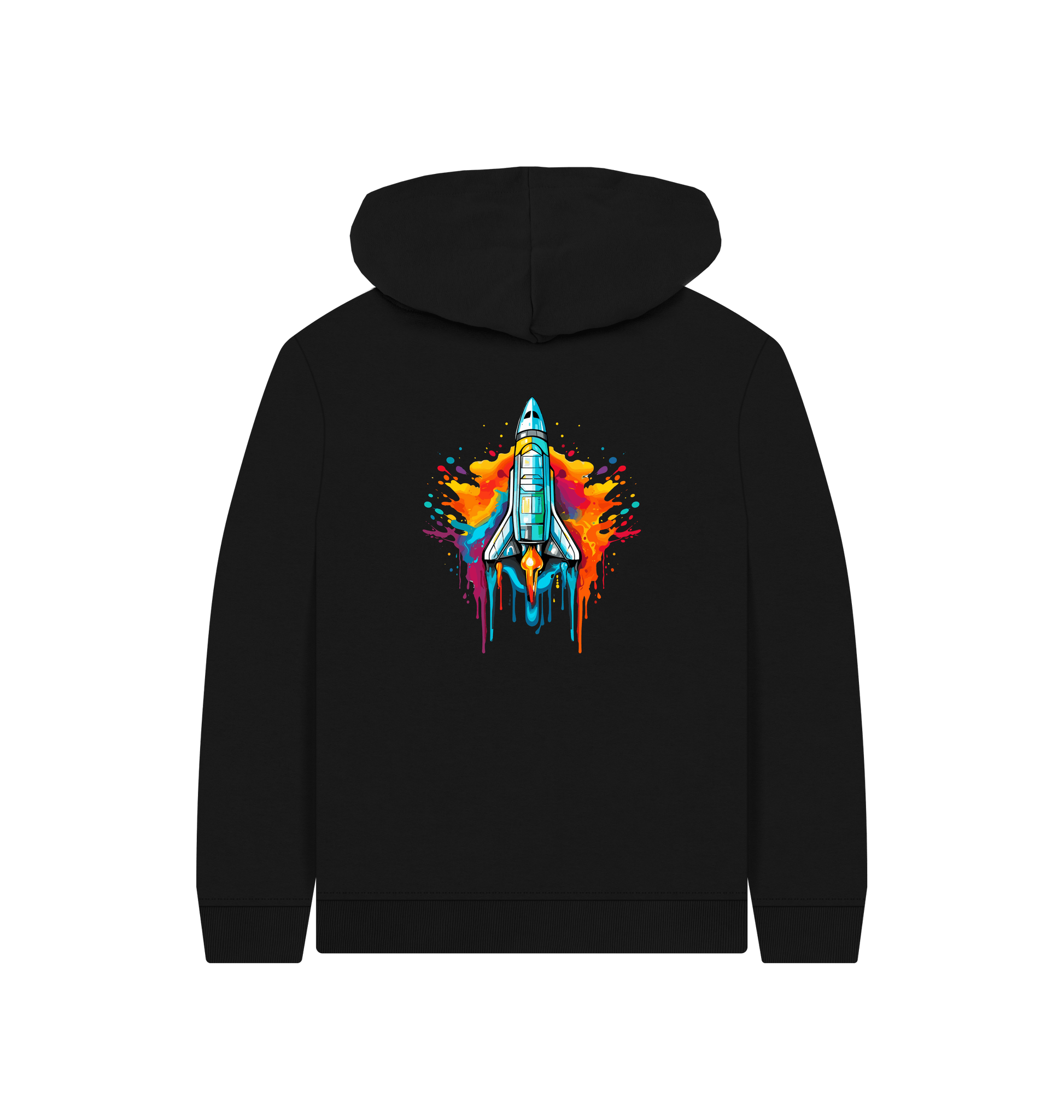 Black hoodie with colorful rocket graphic