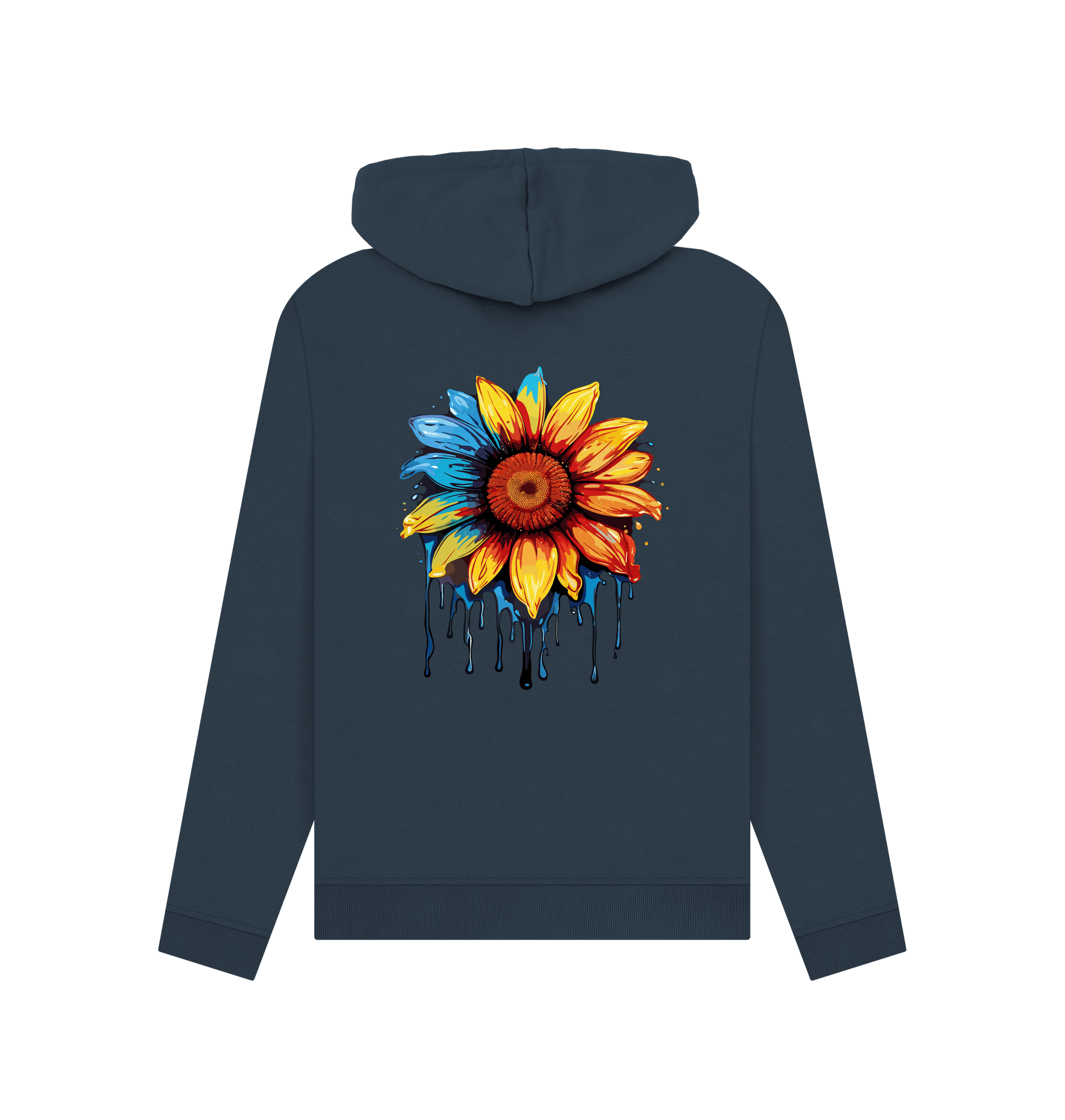 Dark blue hoodie with colorful dripping sunflower design
