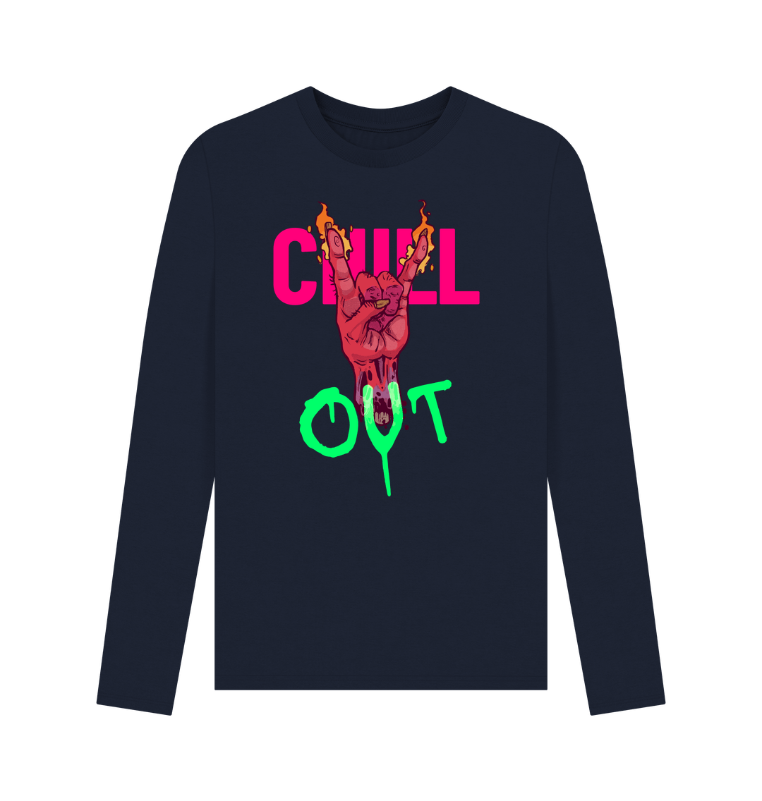 Long-sleeved t-shirt with "CHILL OUT" text and flaming hand graphic
