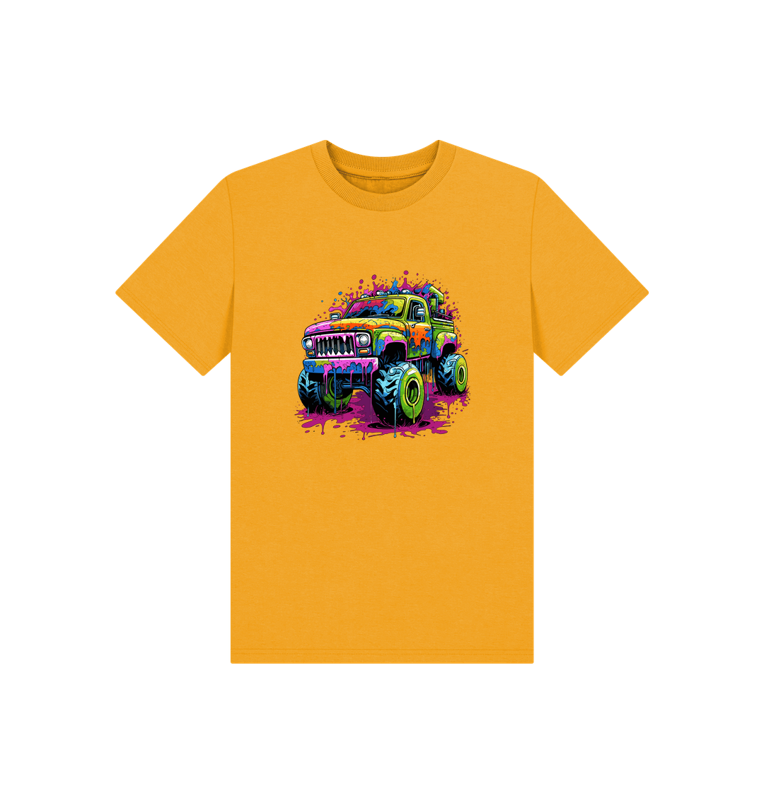 Yellow t-shirt with colorful monster truck graphic