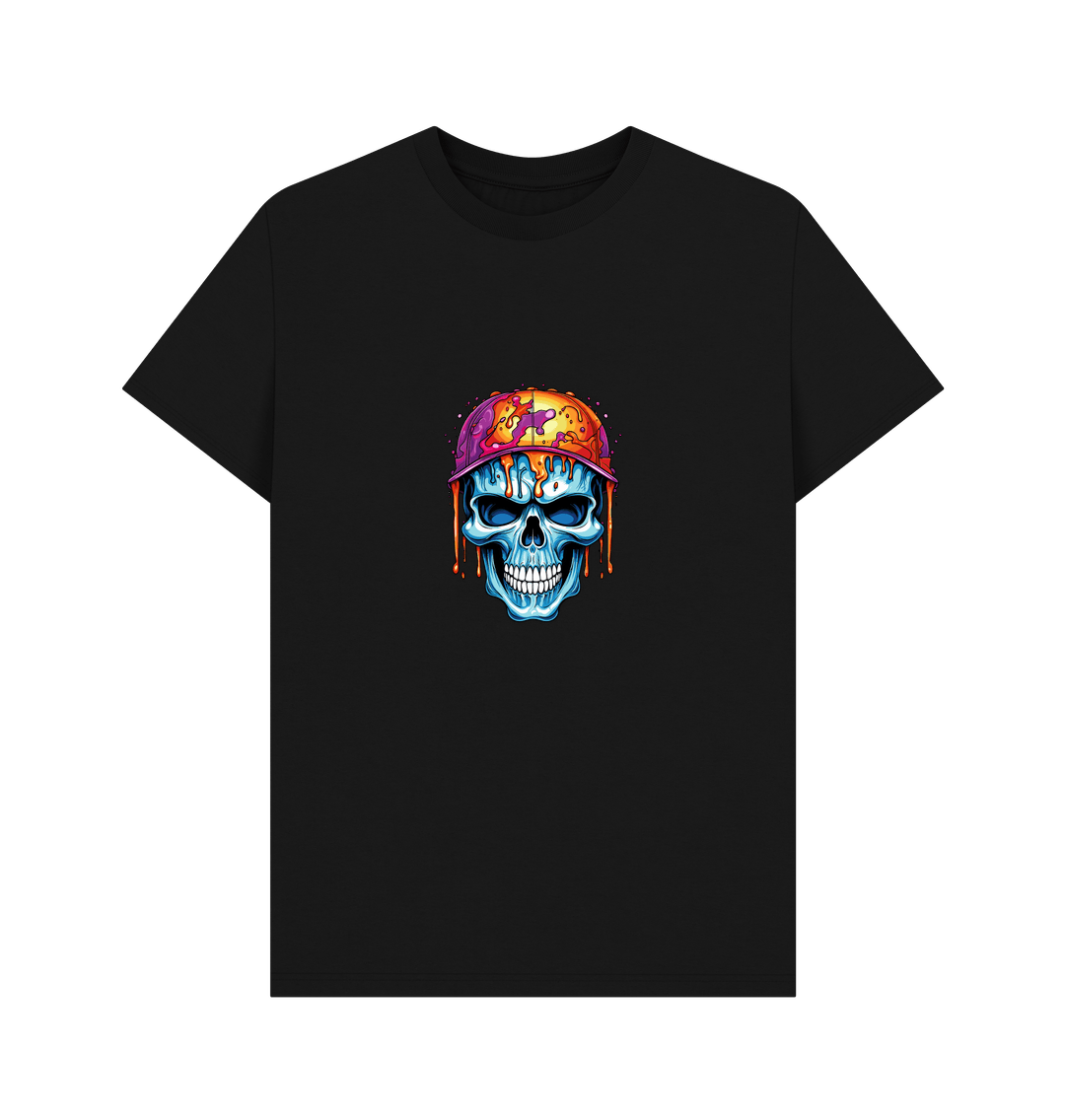 Black t-shirt with colorful skull graphic