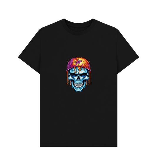 Black t-shirt with colorful skull graphic