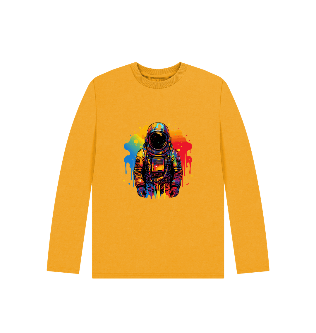 Yellow long-sleeved t-shirt with astronaut graphic