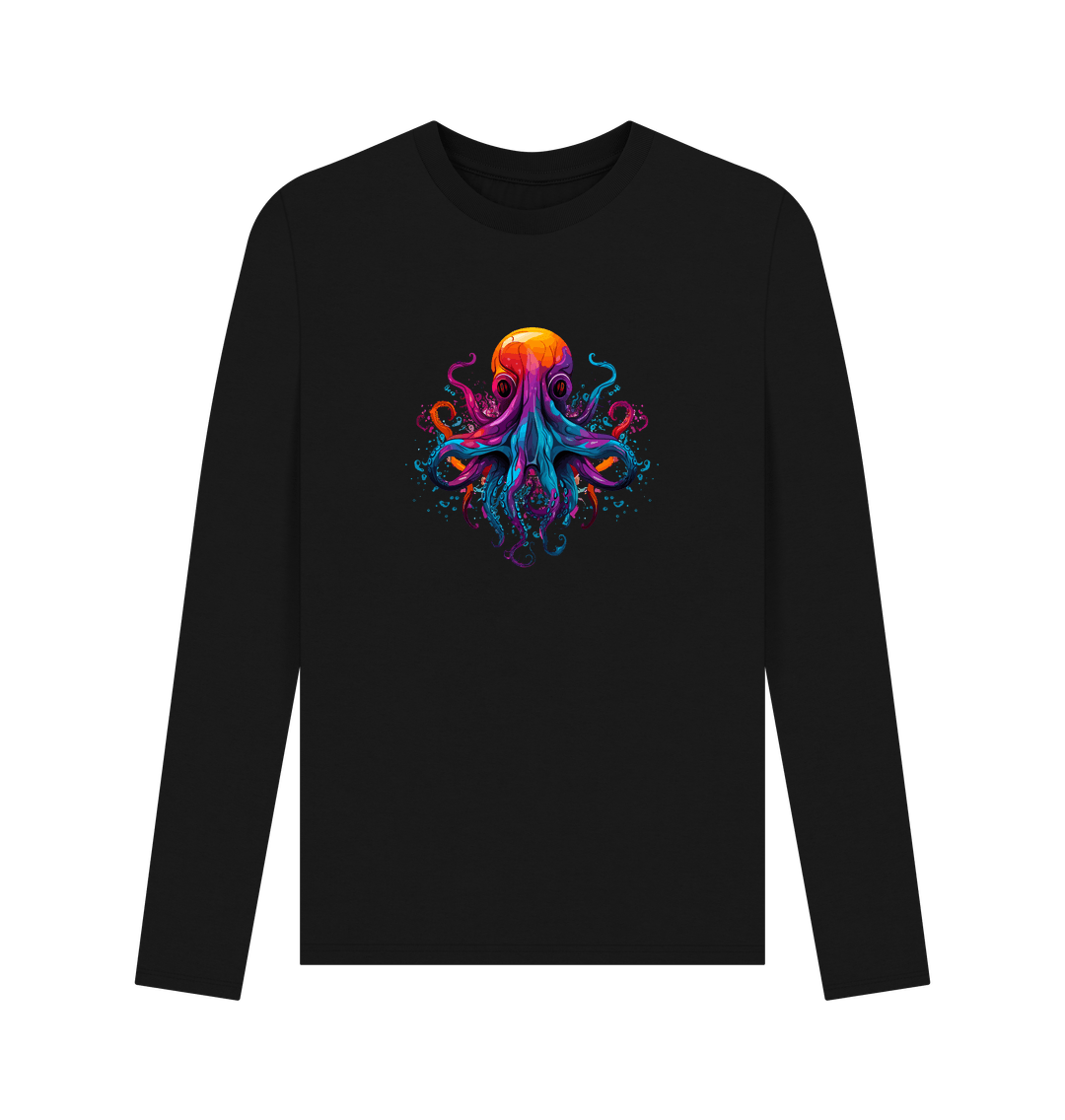 Black long-sleeved t-shirt with colorful octopus design