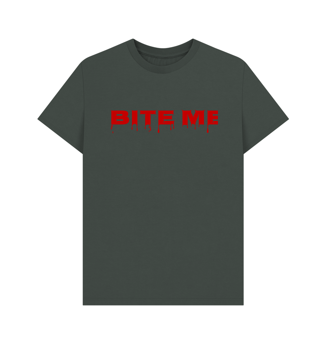 Dark gray t-shirt with red dripping text
