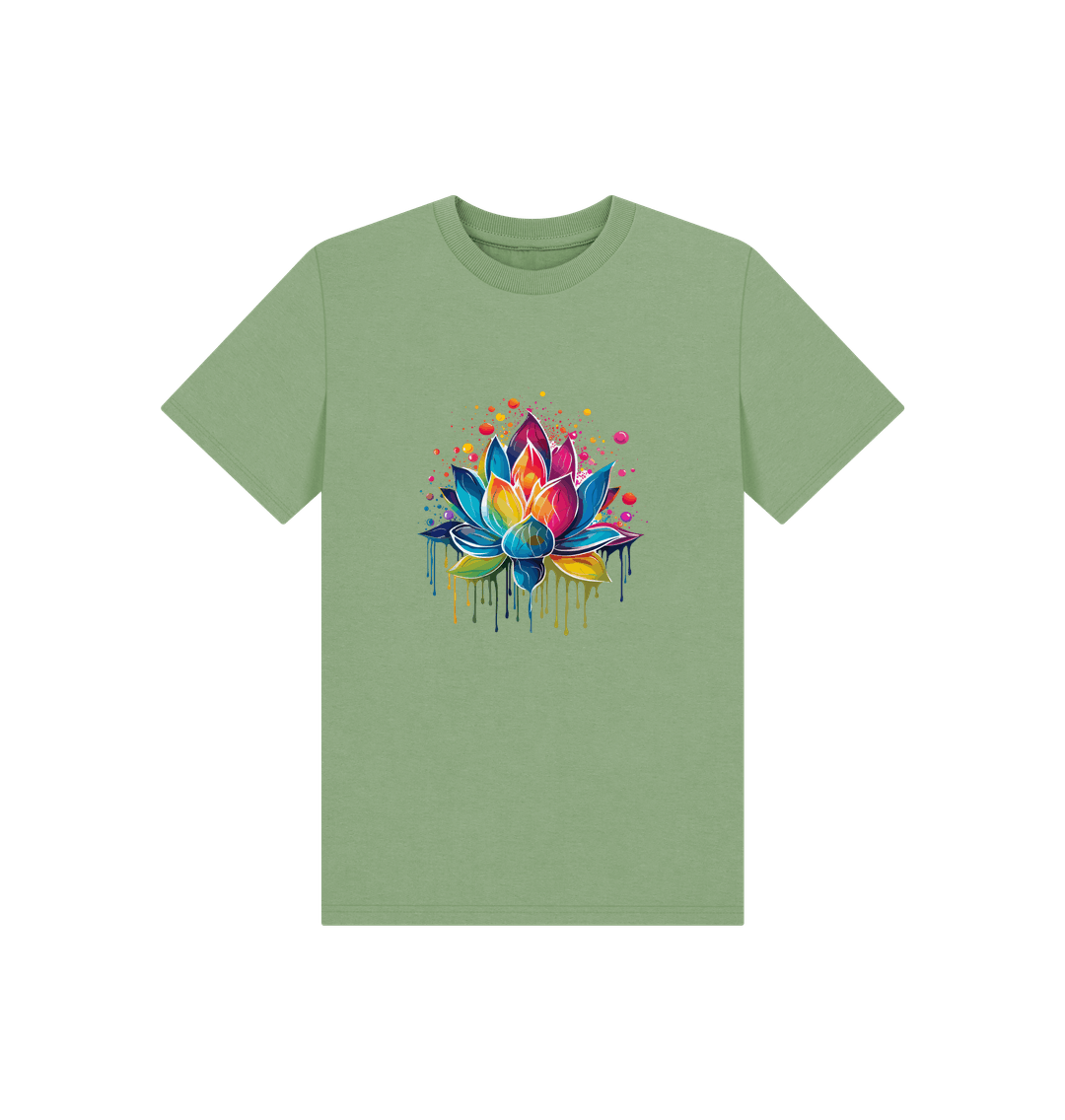 Green t-shirt with colorful lotus flower design