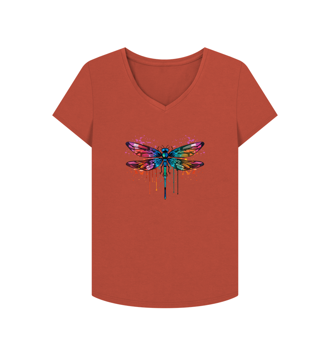 Orange t-shirt with colorful dragonfly design