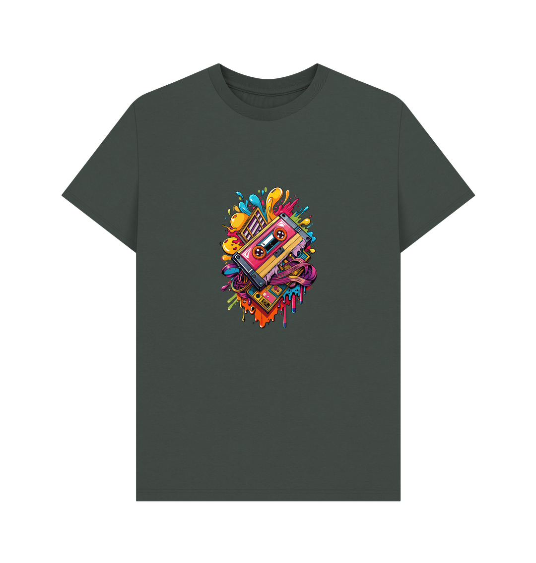 Dark green t-shirt with colorful cassette tape design