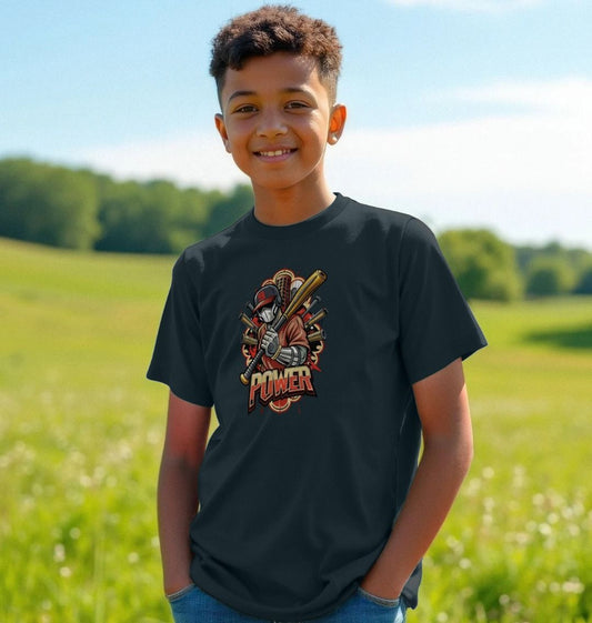 Black t-shirt with "POWER" graphic (person)