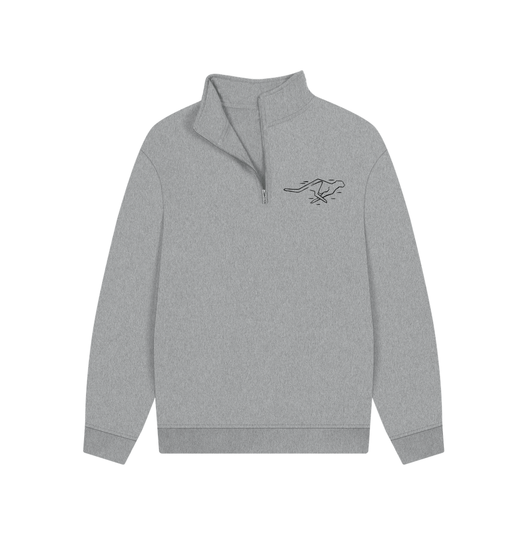 Gray quarter-zip sweatshirt with embroidered design