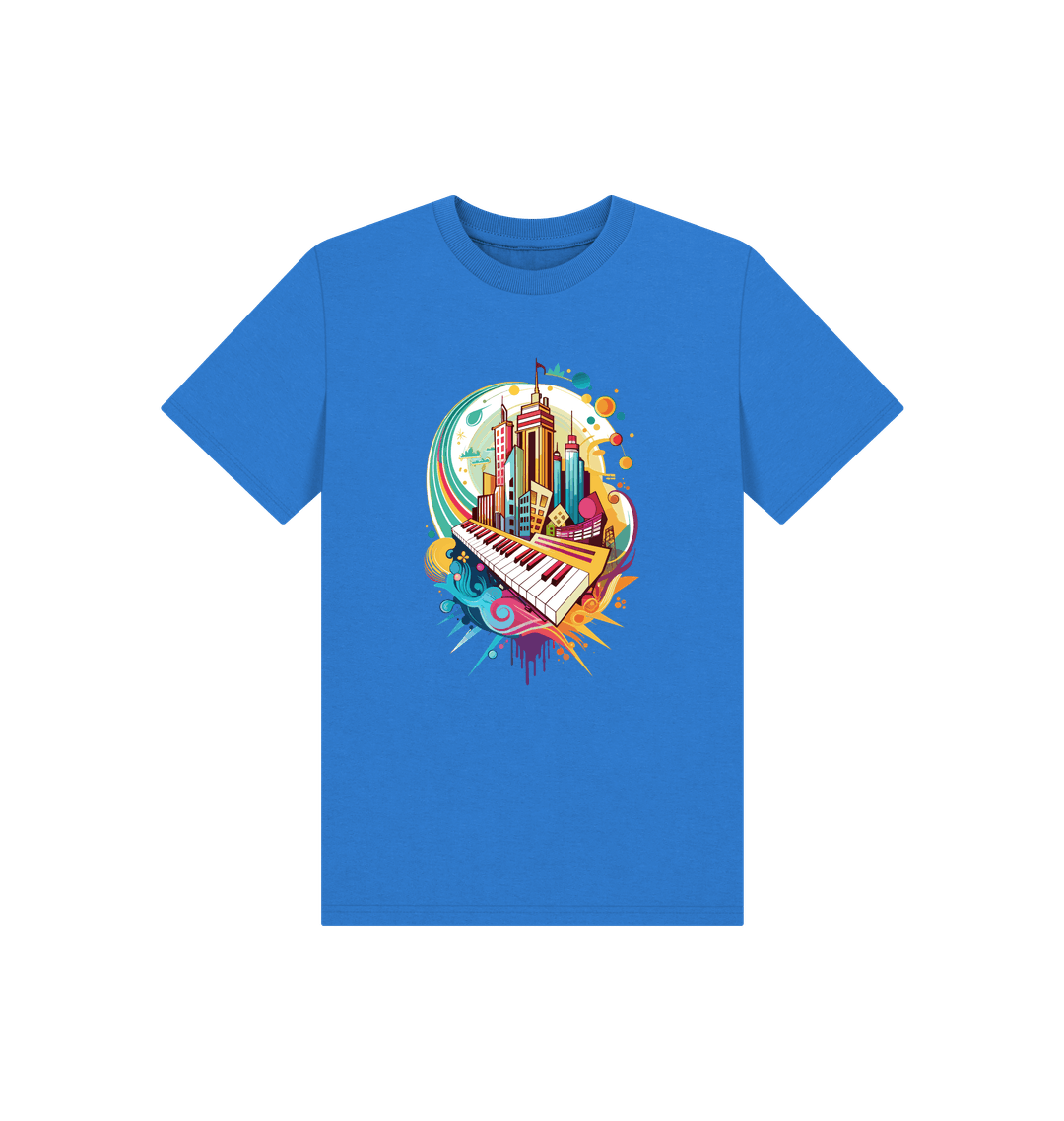 Blue t-shirt with cityscape and piano graphic