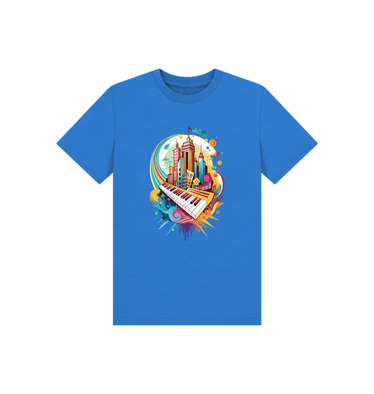 Blue t-shirt with cityscape and piano graphic