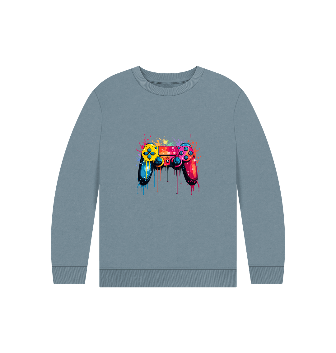 Gray sweatshirt with colorful game controller design