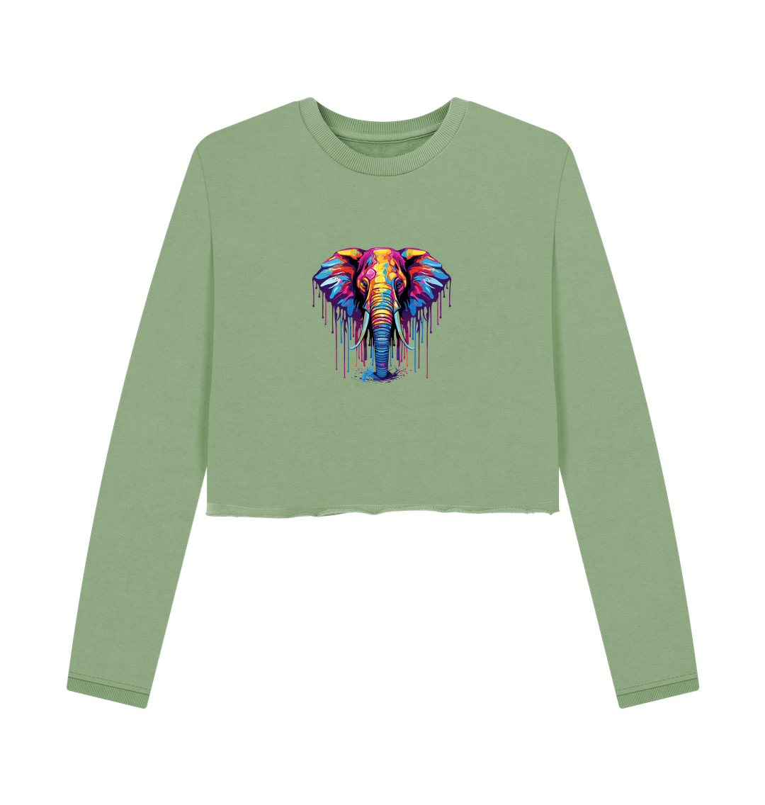 Green cropped sweatshirt with colorful elephant graphic