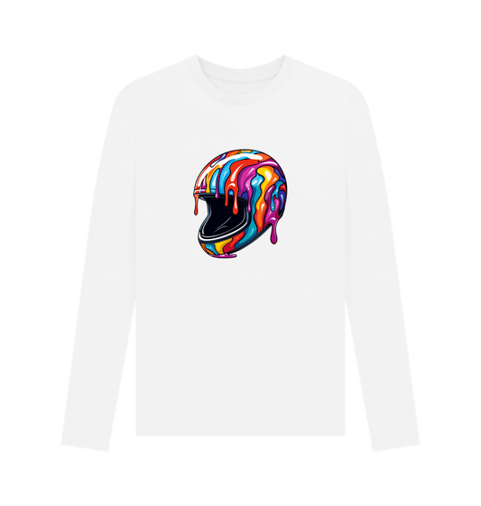 White long-sleeved t-shirt with colorful helmet graphic