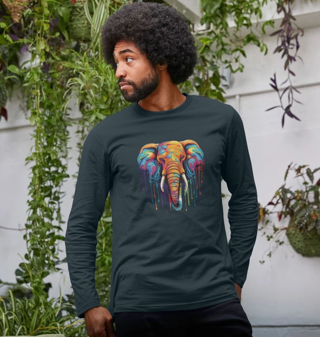 Colorful elephant graphic on dark long-sleeve shirt (person)