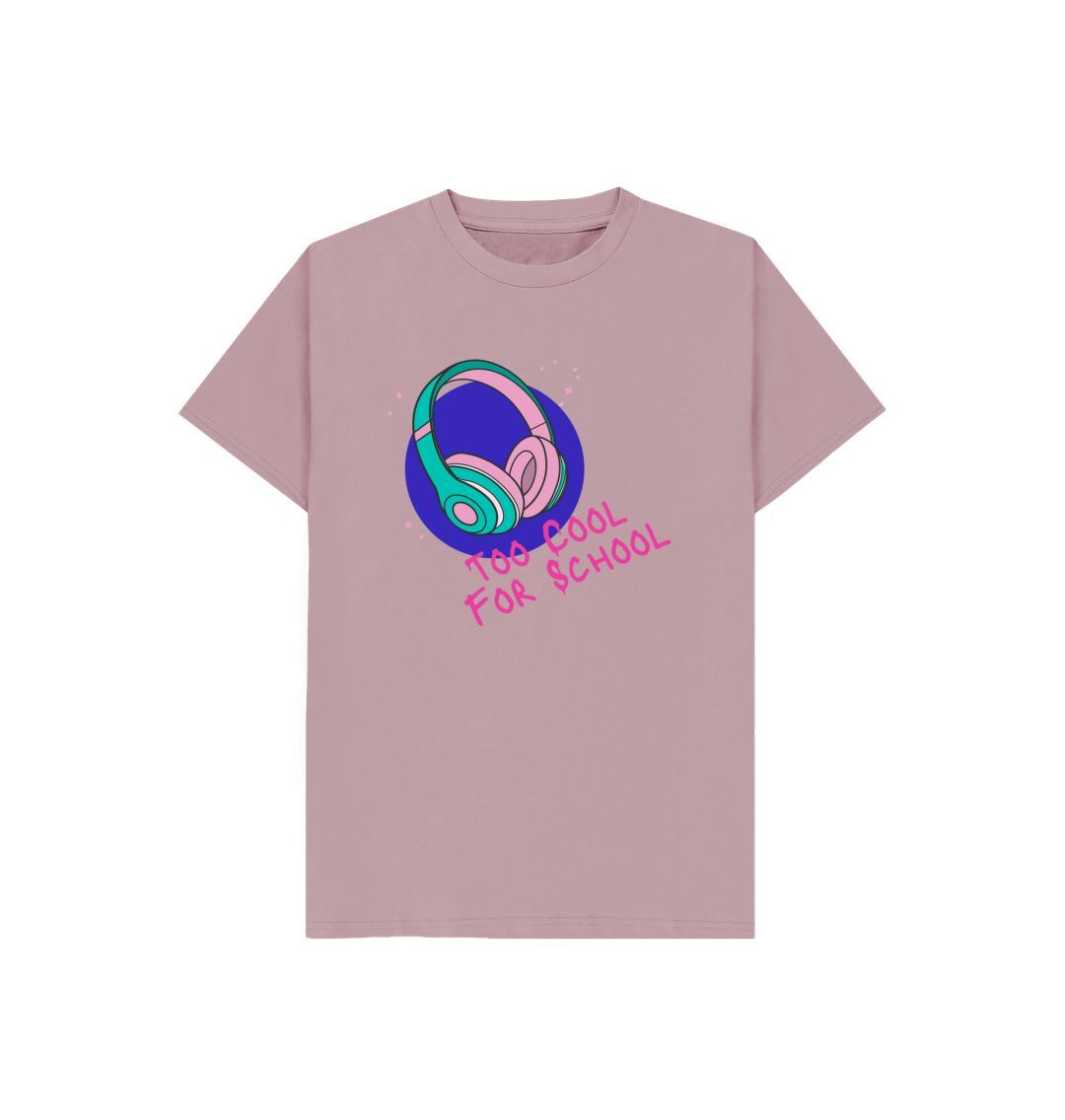 Pink t-shirt with headphones graphic and text