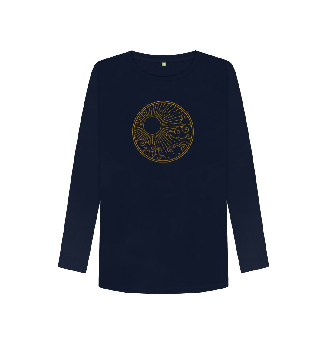 Navy blue long-sleeved t-shirt with gold circular design