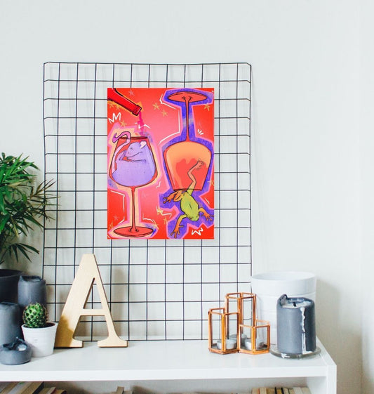Abstract art print with frog and wine glass