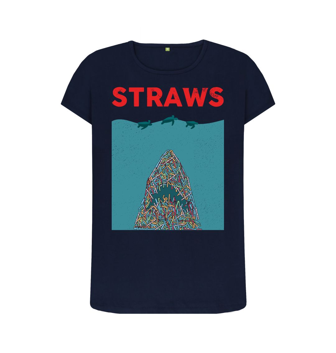 Navy blue t-shirt with "STRAWS" and straws illustration