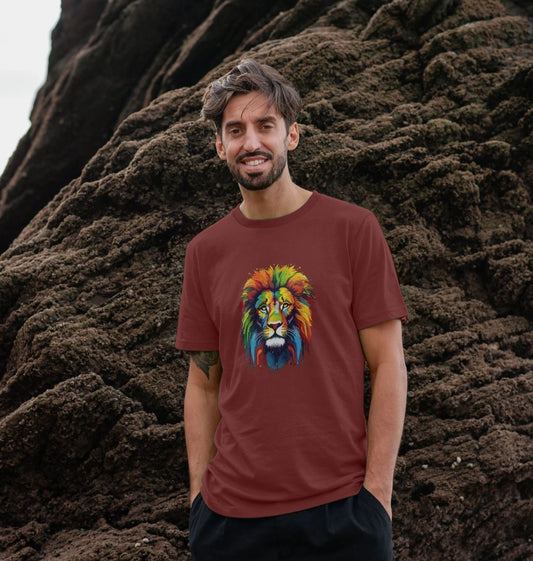 Maroon t-shirt with colorful lion graphic (person)