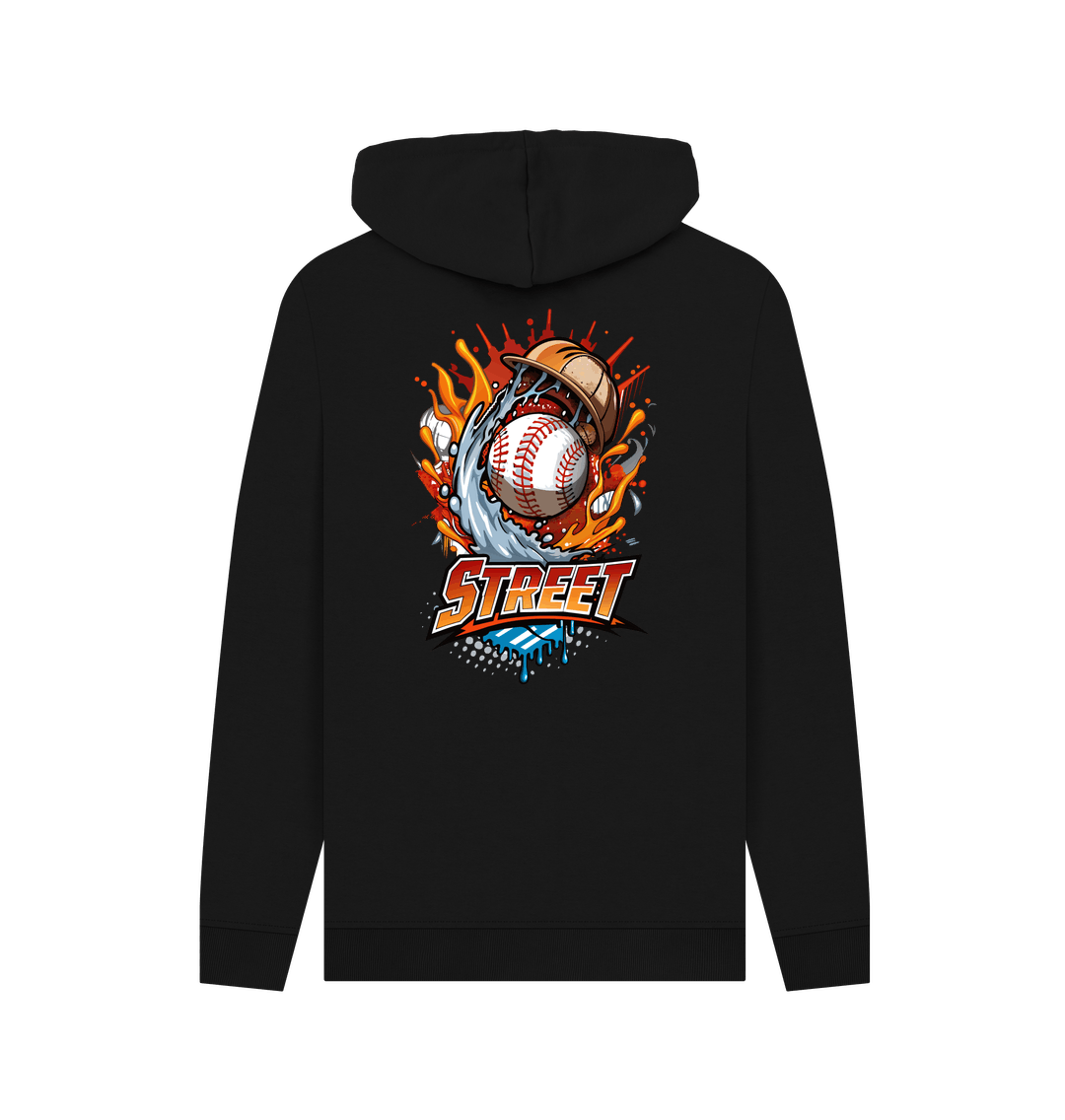Black hoodie with baseball graphic and "STREET" text