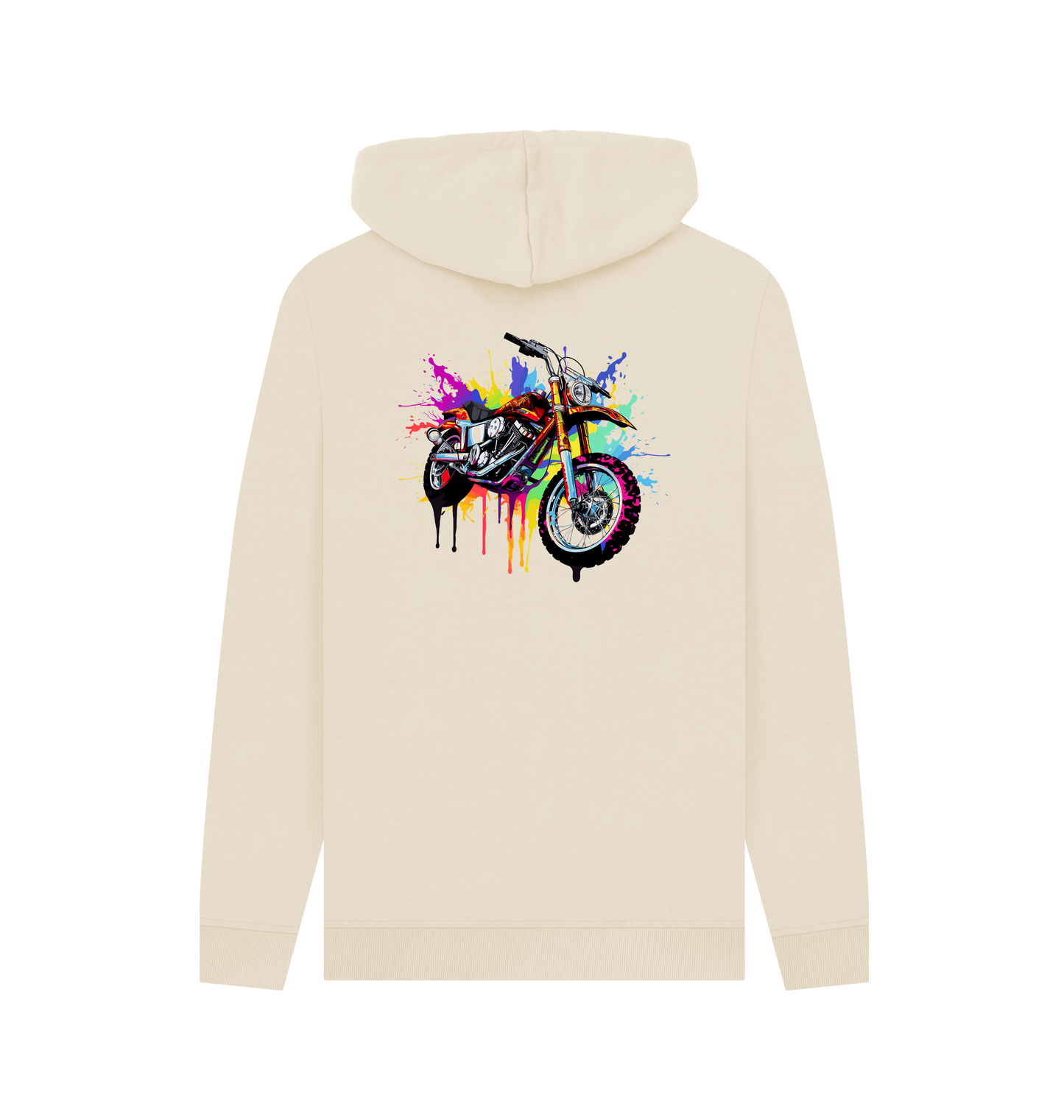 Cream hoodie with colorful motorcycle graphic