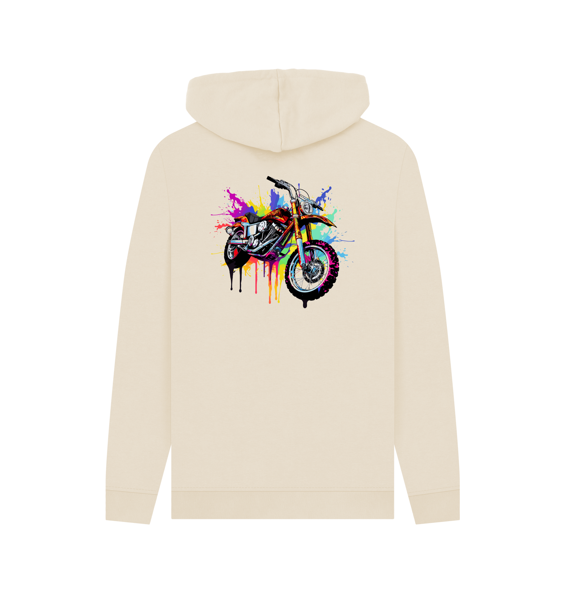 Cream hoodie with colorful motorcycle graphic
