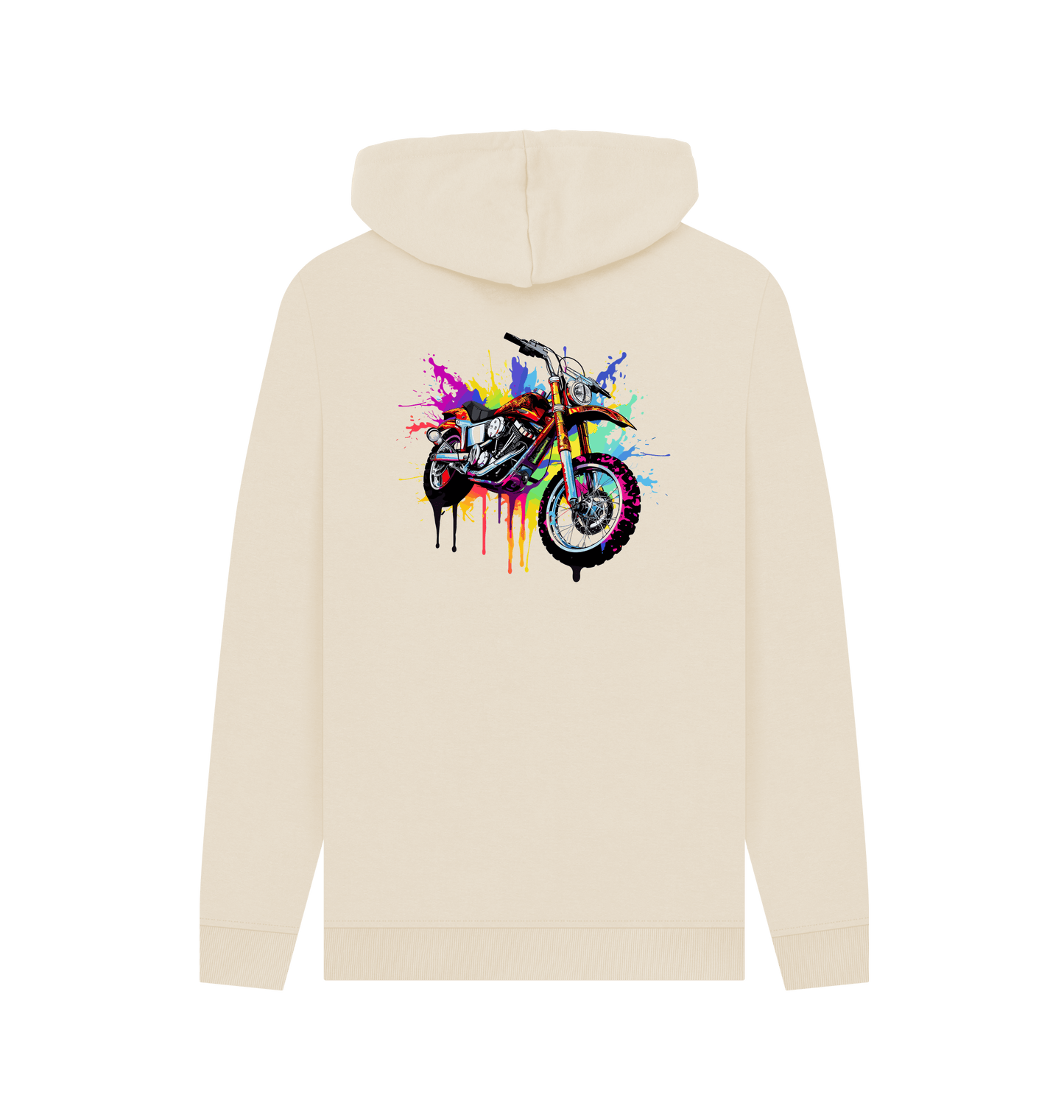 Cream hoodie with colorful motorcycle graphic