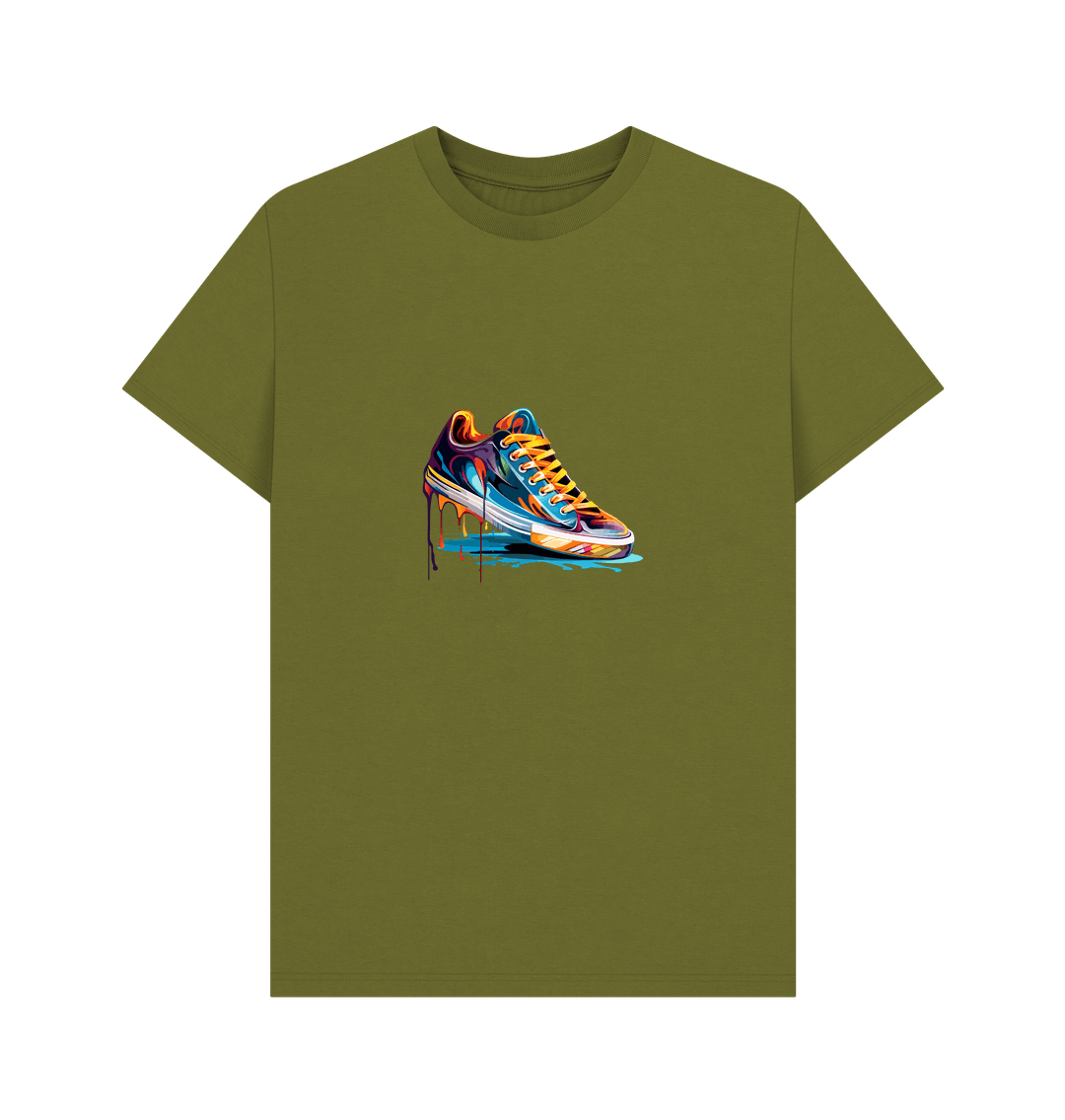 Olive green t-shirt with colorful sneaker graphic