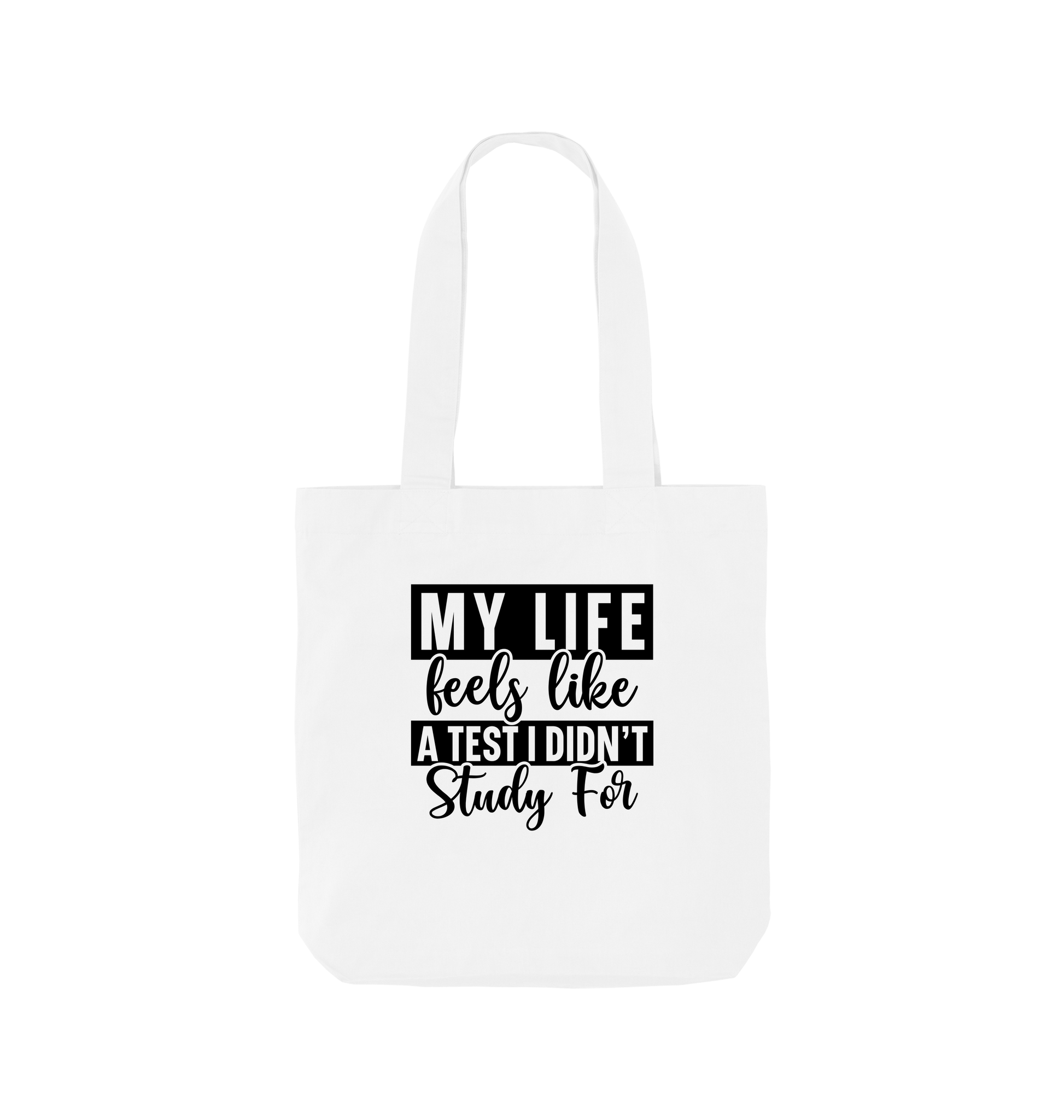 White tote bag with text design
