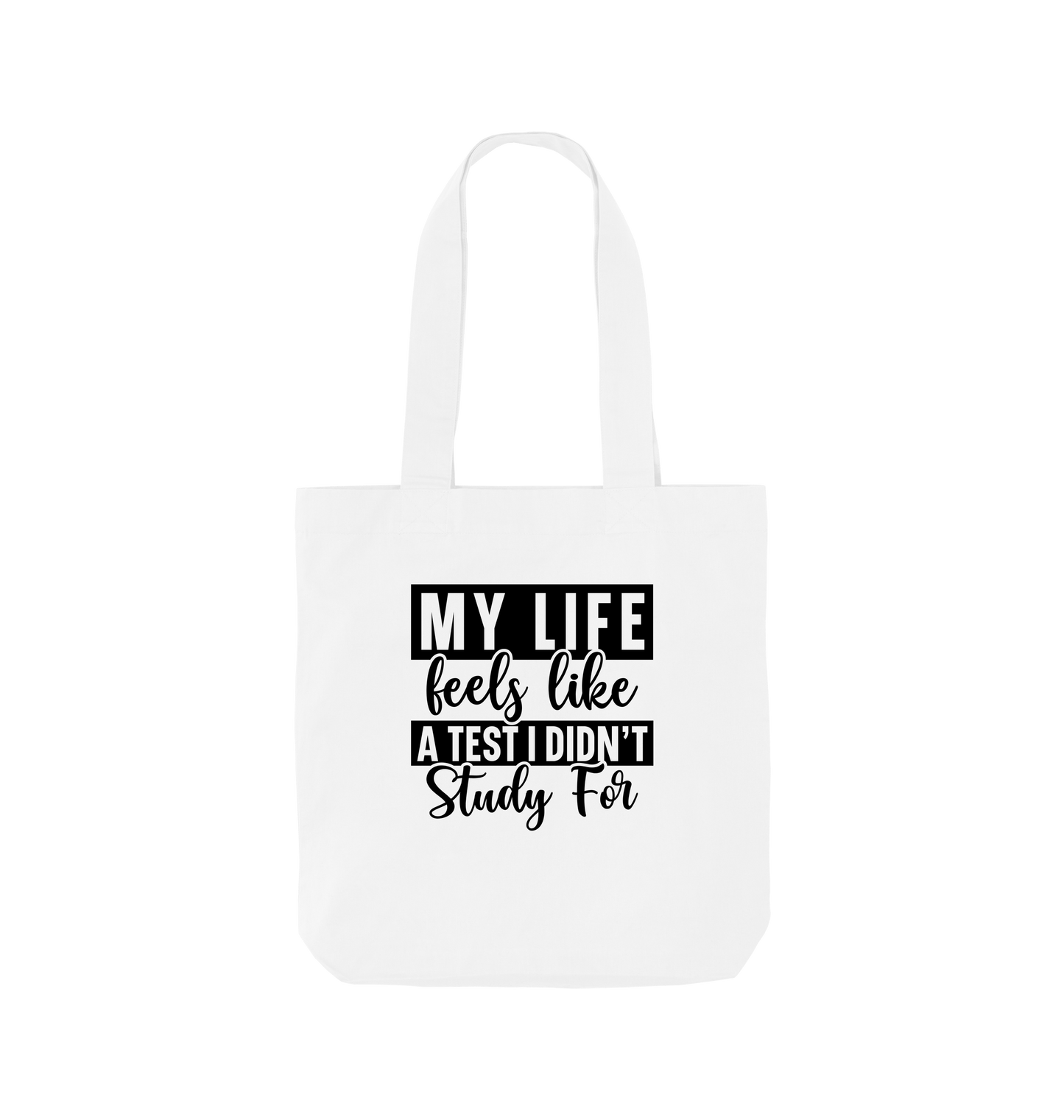 White tote bag with text design